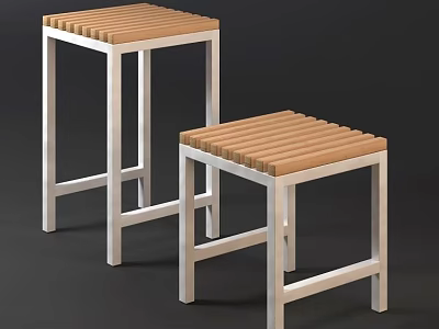 Two Modern Wooden Stools With Striped Seat And Silver Metal Frame 3d model
