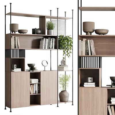 Elegant Modern Wooden Shelving Unit With Books Plants And Decorative Items 3d model