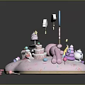 Pink Cloud Shaped Dessert Scene With Unicorn Lollipop Cake Cupcakes And Candies