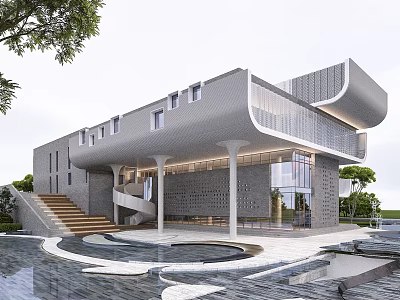 Modern School Building Featuring Gray Facade Curved Architecture Stone Staircase And Reflective Pool 3d model