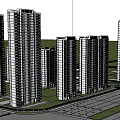 High Rise Residential Buildings in Urban Landscape With Blue Sky White Clouds Road Grassland Vehicles