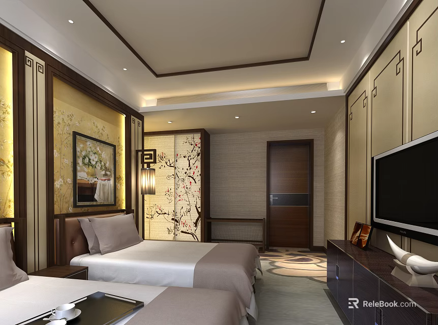 Traditional Chinese Hotel Guest Room With Double Beds TV And Decorative Wall Art 3d model 