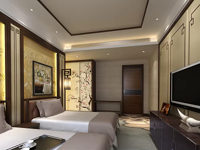 Traditional Chinese Hotel Guest Room With Double Beds TV And Decorative Wall Art 3d model