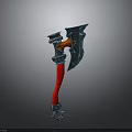 Ornate Battle Axe With Blue Metallic Head And Red Wrapped Handle Design