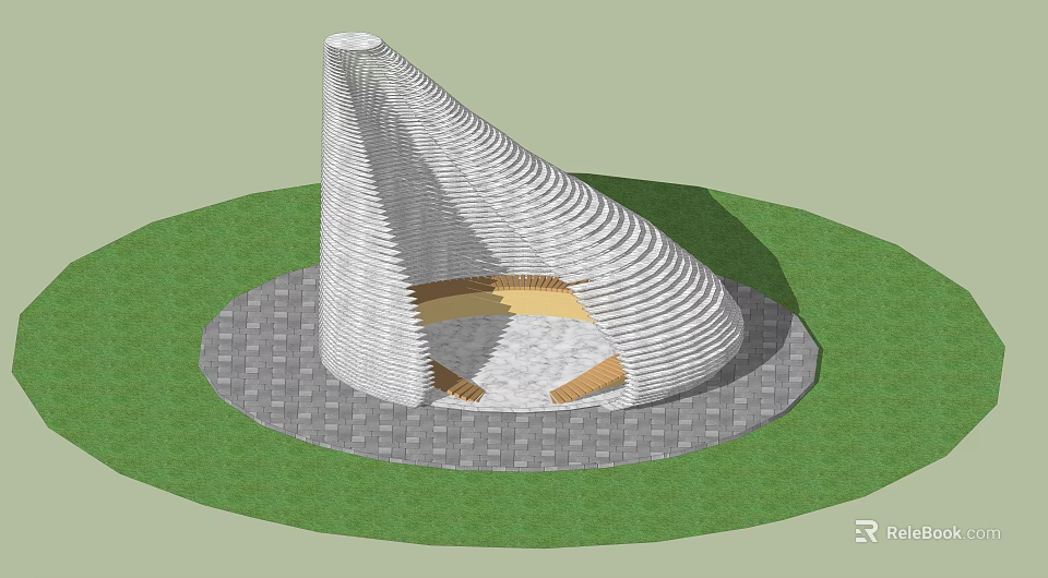 Modern Spiral White Architectural Structure With Circular Gray Tile Platform And Green Grass 3d model