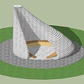 Modern Spiral White Architectural Structure With Circular Gray Tile Platform And Green Grass