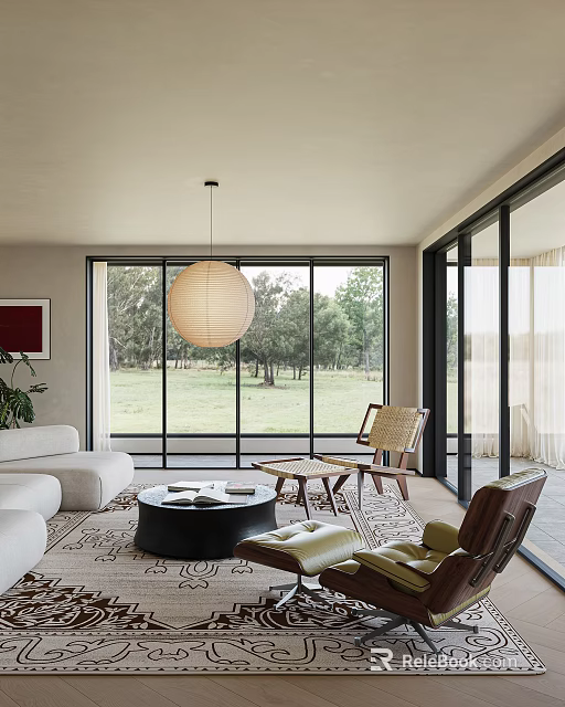 Modern Cozy Living And Dining Room With Panoramic Floor Windows And Comfortable Natural Style Furniture 3d model 