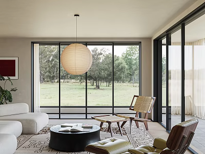 Modern Cozy Living And Dining Room With Panoramic Floor Windows And Comfortable Natural Style Furniture 3d model