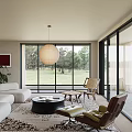Modern Cozy Living And Dining Room With Panoramic Floor Windows And Comfortable Natural Style Furniture