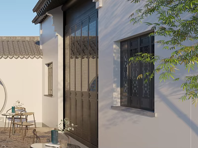 Traditional Chinese Garden Courtyard With White Walls Black Grilles Bamboo And Stone Table 3d model