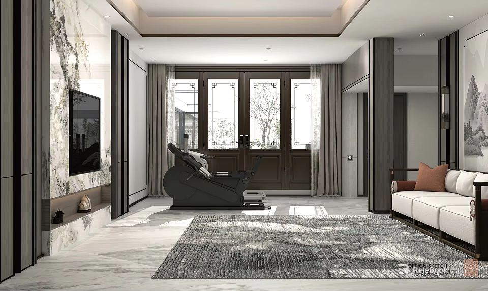 New Chinese Style Living Room With Marble TV Wall Cozy Sofa And Indoor Fitness Equipment 3d model 