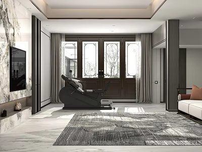 New Chinese Style Living Room With Marble TV Wall Cozy Sofa And Indoor Fitness Equipment 3d model