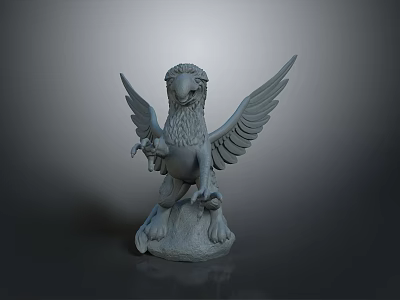 Mythical Flying Griffin Sculpture Featuring Winged Lion Head Grey Stone Material And Standing Pose 3d model