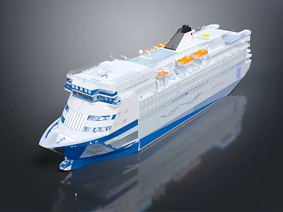 Modern Cruise Ship With White And Blue Hull Black Chimney Multiple Decks And Orange Lifeboats 3d model