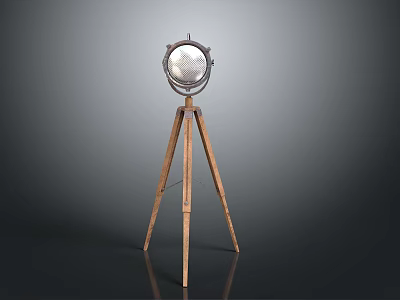 Vintage Wooden Tripod Spotlight With Metal Head And Industrial Design 3d model