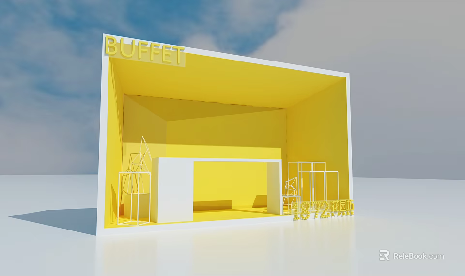 Modern Bright Yellow Buffet Setup With White Counter And Shelves Design 3d model 