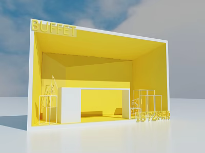 Modern Bright Yellow Buffet Setup With White Counter And Shelves Design 3d model