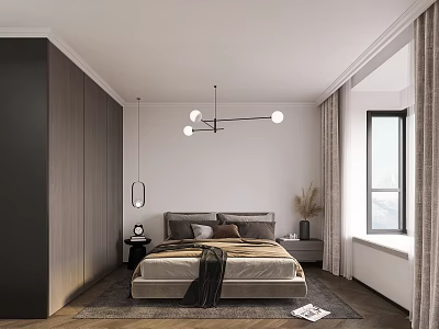 Modern Bedroom Interior With Platform Bed Pendant Light And Floor Curtains 3d model