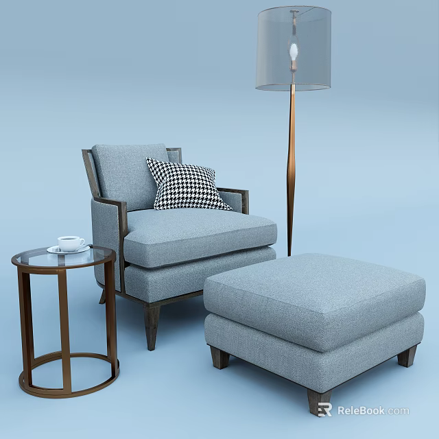 Light Gray Fabric Single Sofa With Ottoman Round Side Table And Floor Lamp 3d model