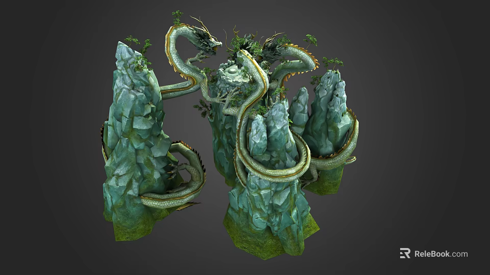 Cartoon Scene with Green Rocks and Coiling Dragons Surrounded by Plants 3d model 