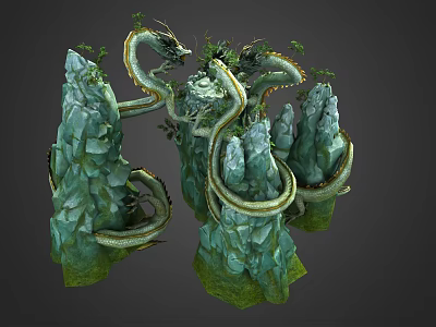 Cartoon Scene with Green Rocks and Coiling Dragons Surrounded by Plants 3d model