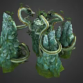Cartoon Scene with Green Rocks and Coiling Dragons Surrounded by Plants