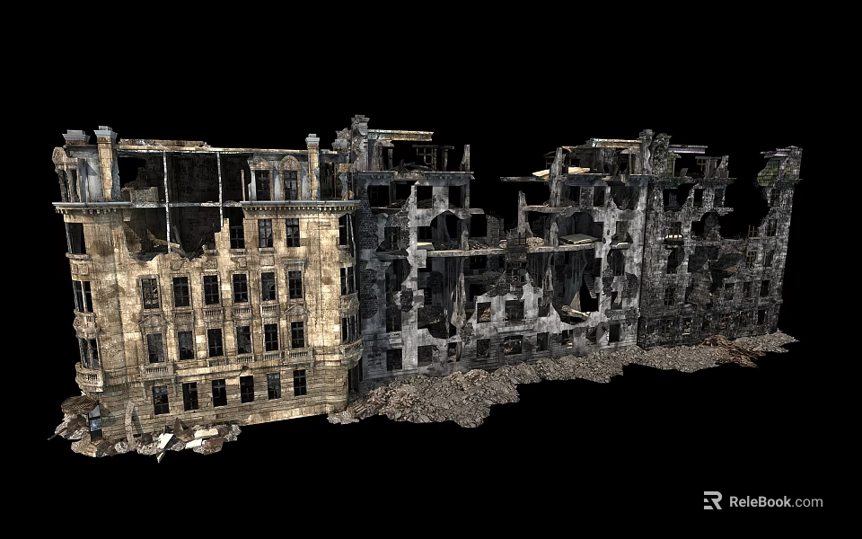 Ruined Architectural Components Of Collapsed Building With Broken Walls And Debris 3d model 