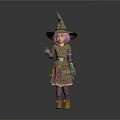 Game and Movie Character With Pointed Witch Hat Pink Hair Patched Outfit And Sparkly Shoes