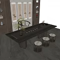 Chinese Style Tea Room Interior With Long Tea Table Tea Set And Round Stools 3d model