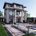 Modern Luxury Detached Villa Showcasing Landscaped Garden Central Fountain And Stone Steps
