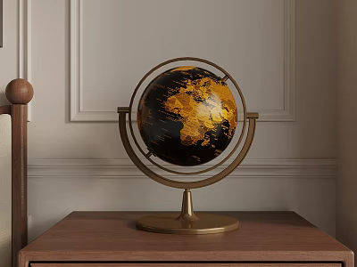 Black And Gold Globe On Wooden Table With Gold Base And Wall Background 3d model
