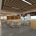 School Student Dining Area With Wooden Grid Ceiling Long Tables Stools And Bookshelves