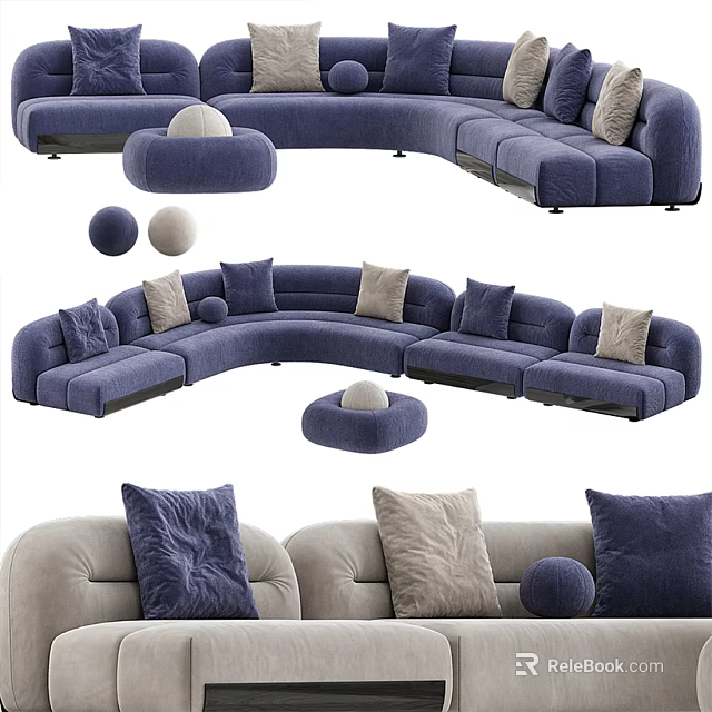Blue Sectional Sofa with Plush Fabric Multiple Pillows and Round Pouf in Modern Living Room 3d model 