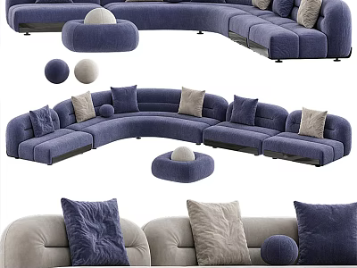 Blue Sectional Sofa with Plush Fabric Multiple Pillows and Round Pouf in Modern Living Room 3d model