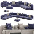 Blue Sectional Sofa with Plush Fabric Multiple Pillows and Round Pouf in Modern Living Room