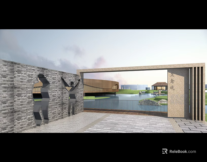 Elegant Clubhouse Entrance Design With Stone Wall Water Feature And Scenic View 3d model 