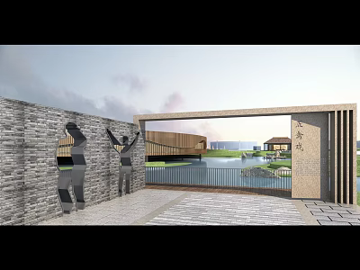 Elegant Clubhouse Entrance Design With Stone Wall Water Feature And Scenic View 3d model