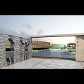 Elegant Clubhouse Entrance Design With Stone Wall Water Feature And Scenic View