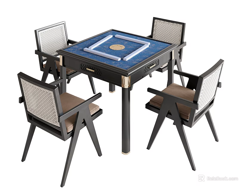 Modern Square Entertainment Table With Blue Tabletop And Four Woven Backrest Chairs 3d model 
