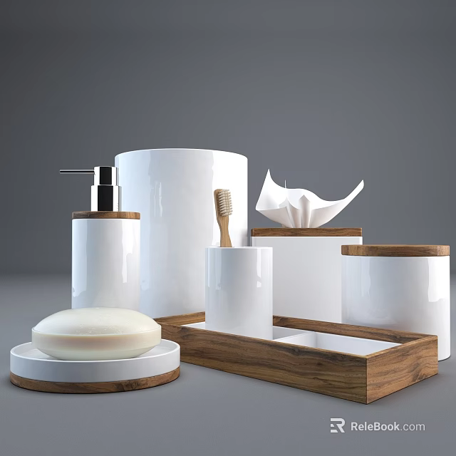 Bathroom Accessories With Soap Dish Liquid Soap Dispenser Toothbrush Holder Tissue Box And Wooden Tray 3d model 