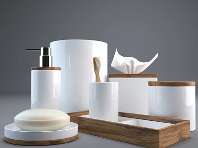 Bathroom Accessories With Soap Dish Liquid Soap Dispenser Toothbrush Holder Tissue Box And Wooden Tray 3d model