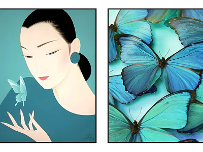 Elegant Woman With Blue Butterfly And Vibrant Blue Butterflies Art Illustration 3d model