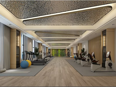 Modern Fitness Gym Interior With Treadmills Exercise Bikes Yoga Balls Green Plant Wall And Wooden Flooring 3d model