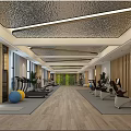 Modern Fitness Gym Interior With Treadmills Exercise Bikes Yoga Balls Green Plant Wall And Wooden Flooring