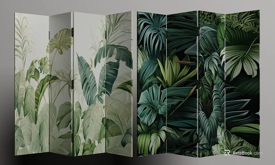 Folding Room Divider With Lush Tropical Green Leaf Patterns For Home Decor 3d model