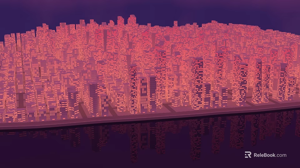 Illuminated Urban City Buildings Night View With Skyscrapers And Water Reflection 3d model 