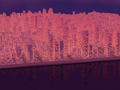 Illuminated Urban City Buildings Night View With Skyscrapers And Water Reflection 3d model