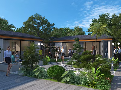 Modern Garden Landscape Design With Lush Trees Shrubs Stone Path And Wooden Structure 3d model