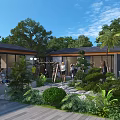 Modern Garden Landscape Design With Lush Trees Shrubs Stone Path And Wooden Structure