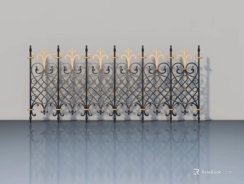 Wrought Iron Swing Door With Black And Gold Intricate Decorative Patterns 3d model 